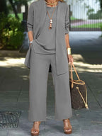 Three-Piece Set with Flowing Top, Wide Trousers and Overlayer
