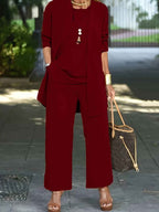 Three-Piece Set with Flowing Top, Wide Trousers and Overlayer