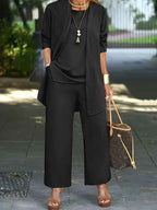 Three-Piece Set with Flowing Top, Wide Trousers and Overlayer