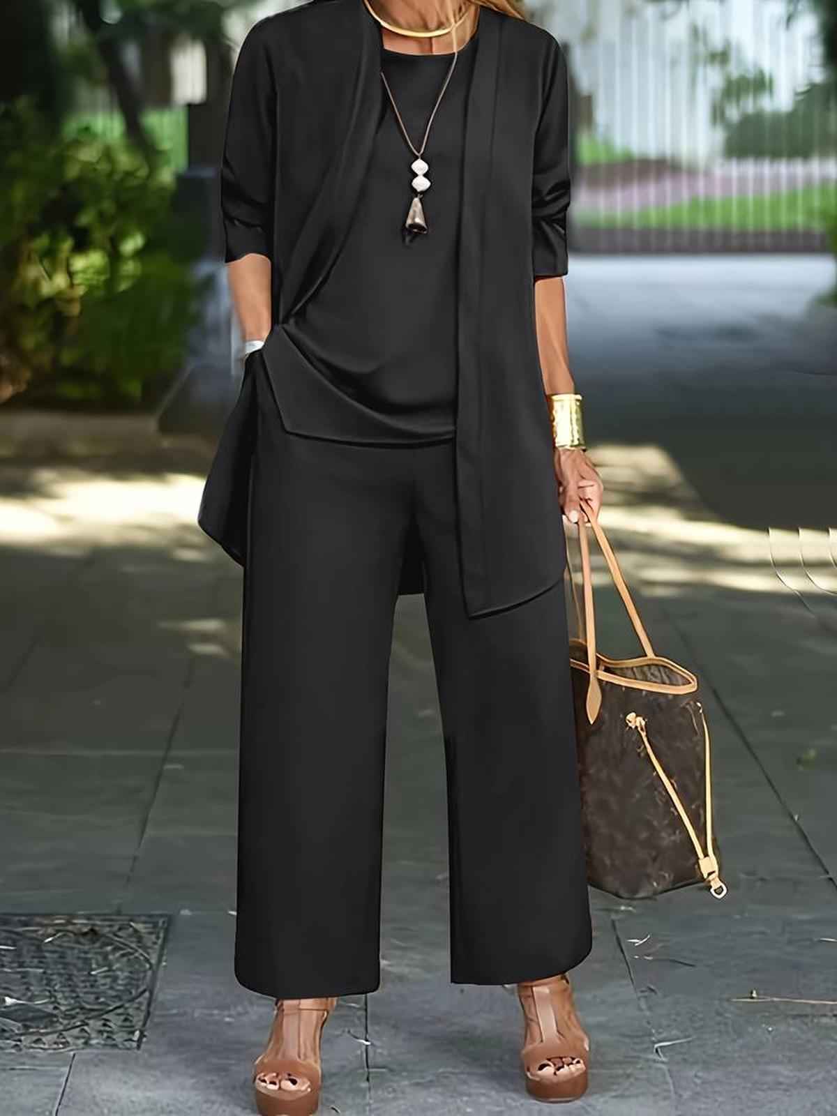Three-Piece Set with Flowing Top, Wide Trousers and Overlayer