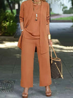 Three-Piece Set with Flowing Top, Wide Trousers and Overlayer