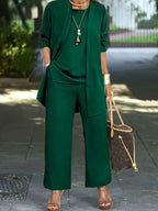 Three-Piece Set with Flowing Top, Wide Trousers and Overlayer