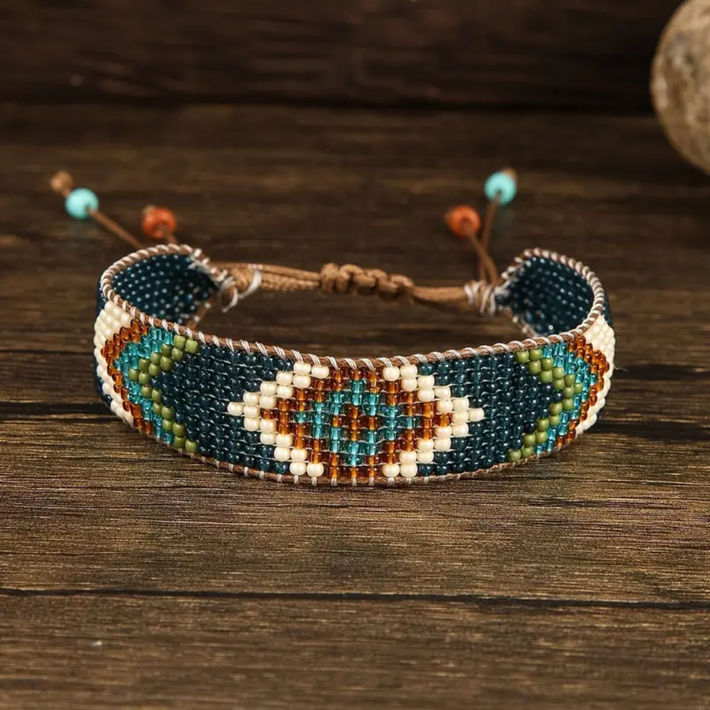 Tribal Bead Bracelet in Brown, Beige and Turquoise