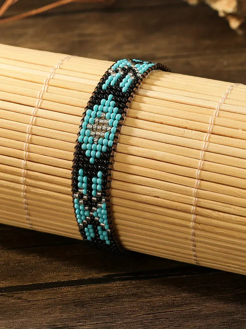 Handwoven Turquoise, Black and Silver-Tone Seed Bead Bracelet