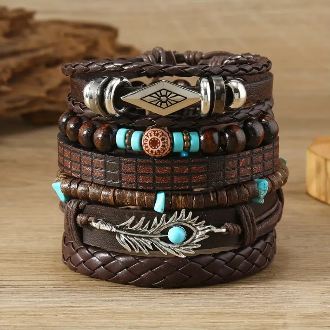 Tribal Leather and Bead Bracelet Set
