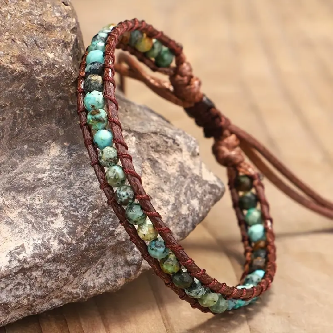 Turquoise Stone Bracelet Braided on Brown Cord