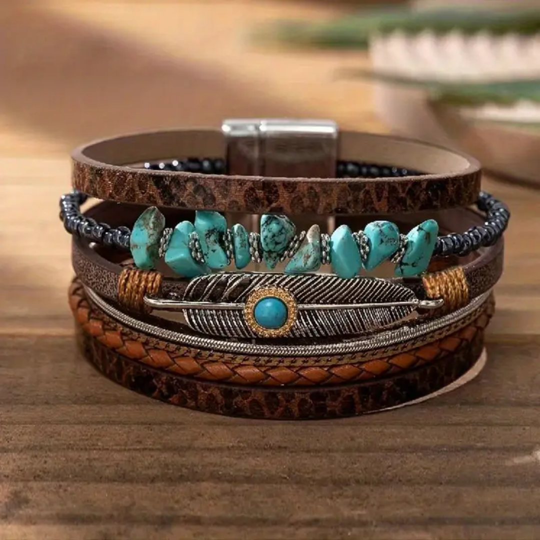Turquoise Wrap Bracelet with Feather Charm