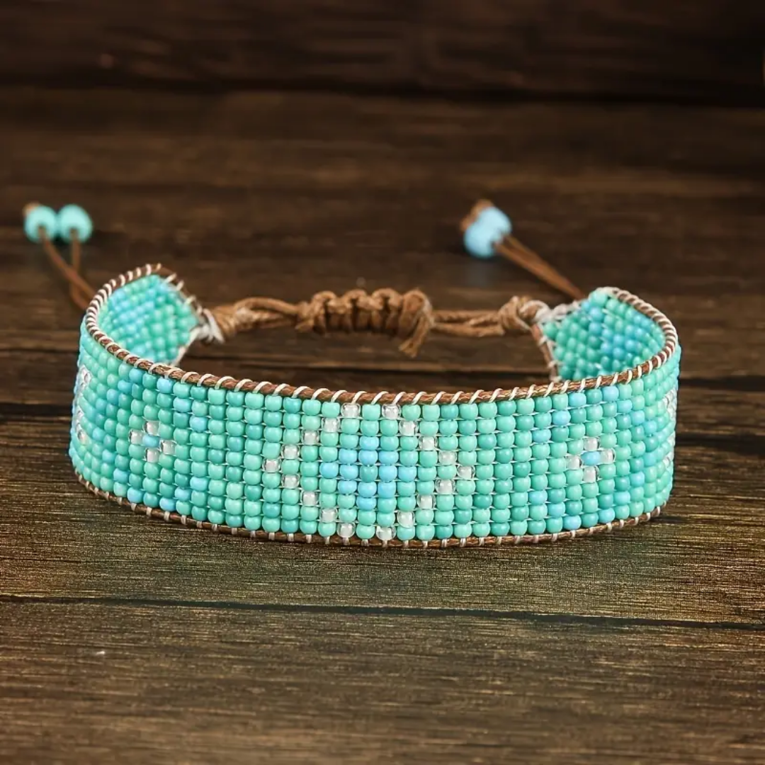 Wide Turquoise and White Glass Bead Cuff Bracelet