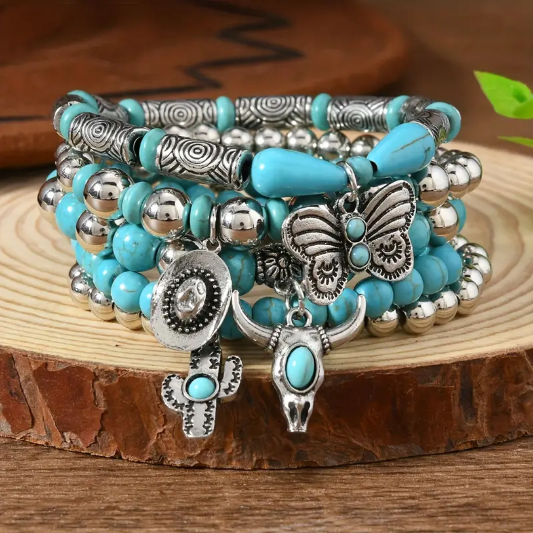 Turquoise Bead Bracelet Set with Charms