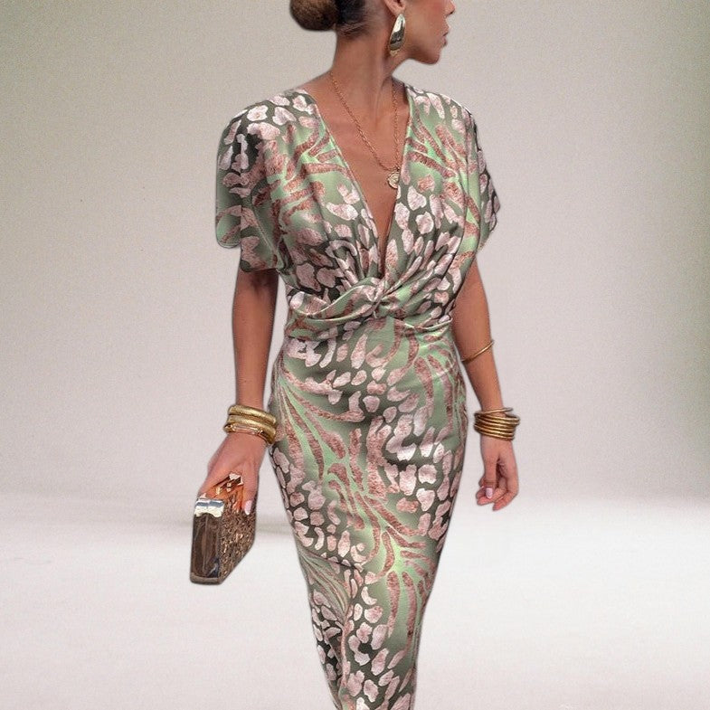 Twist V-Neck Flutter Sleeve Printed Maxi Dress