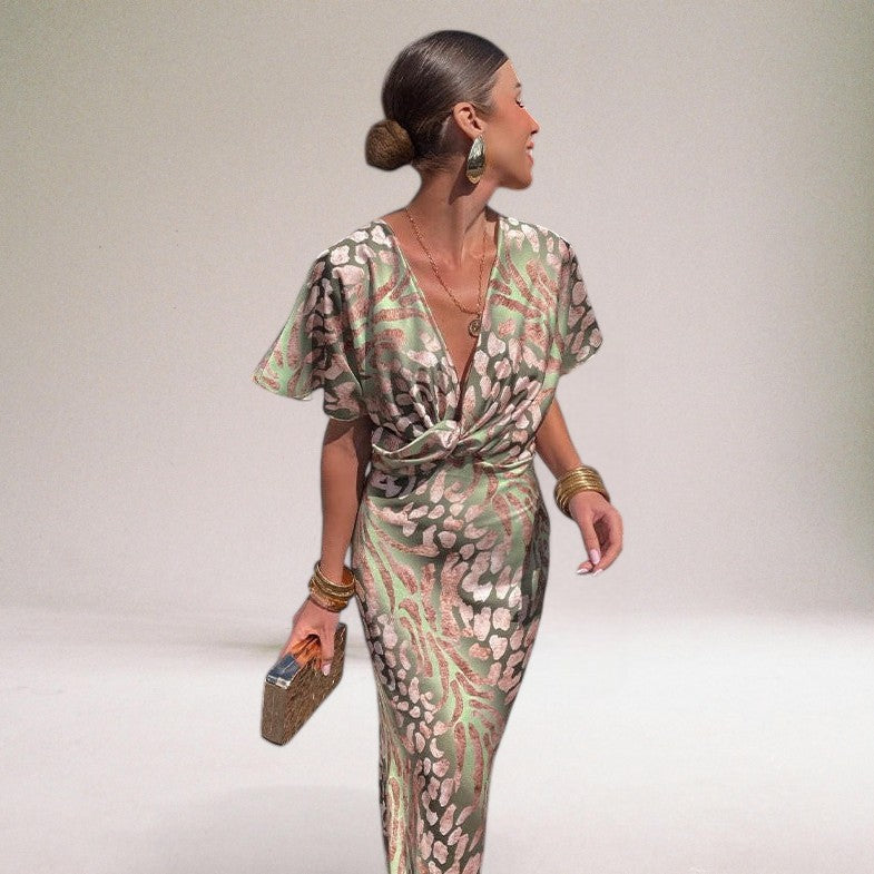 Twist V-Neck Flutter Sleeve Printed Maxi Dress