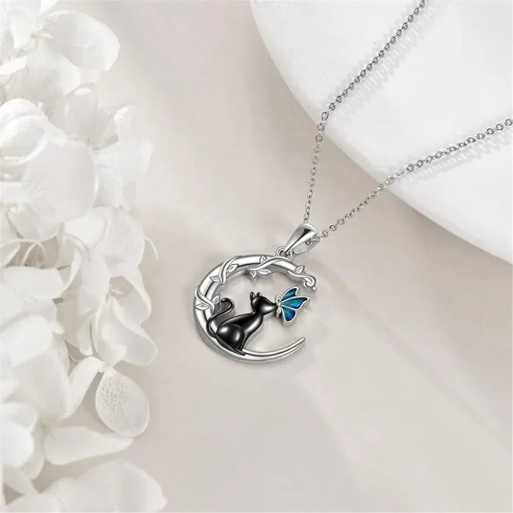 Moon, Cat and Butterfly Crystal Pendant Necklace