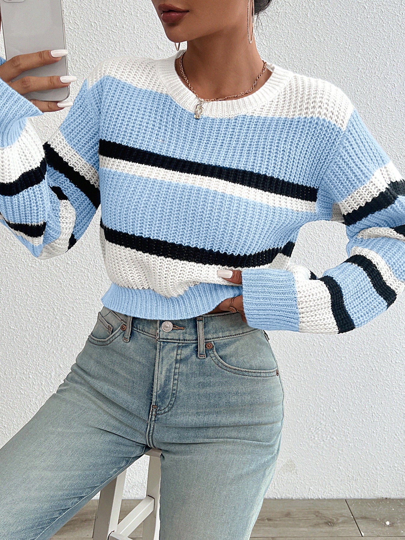 Striped Knit Jumper with Crew Neck and Elasticated Cuffs