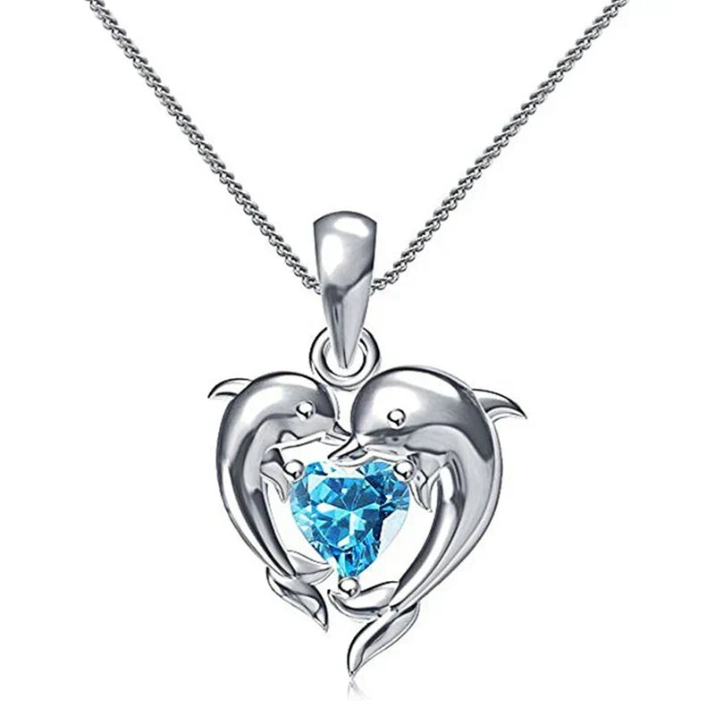 Dolphin Love Blue Heart Pendant Necklace
