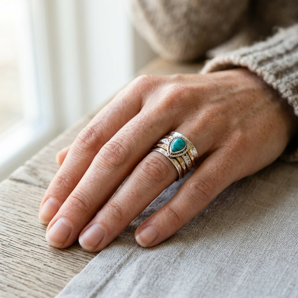 Turquoise-Look Two-Tone Spinner Ring with Wide Band