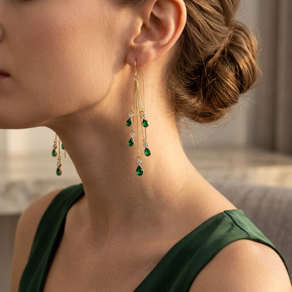 Lange oorhangers met ketting en groene steen