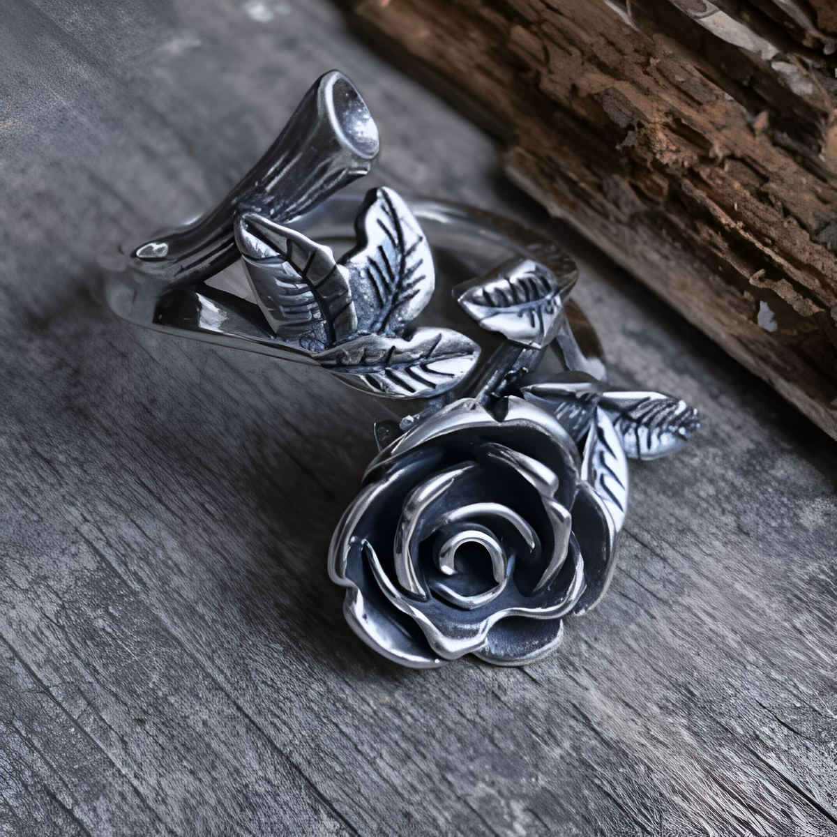 Oxidised Silver-Tone Rose and Leaf Wrap Ring