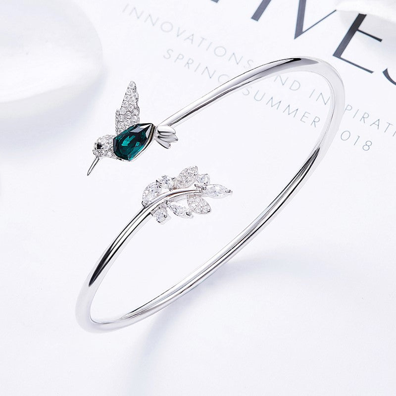 Adjustable Hummingbird and Flower Ring with Rhinestones