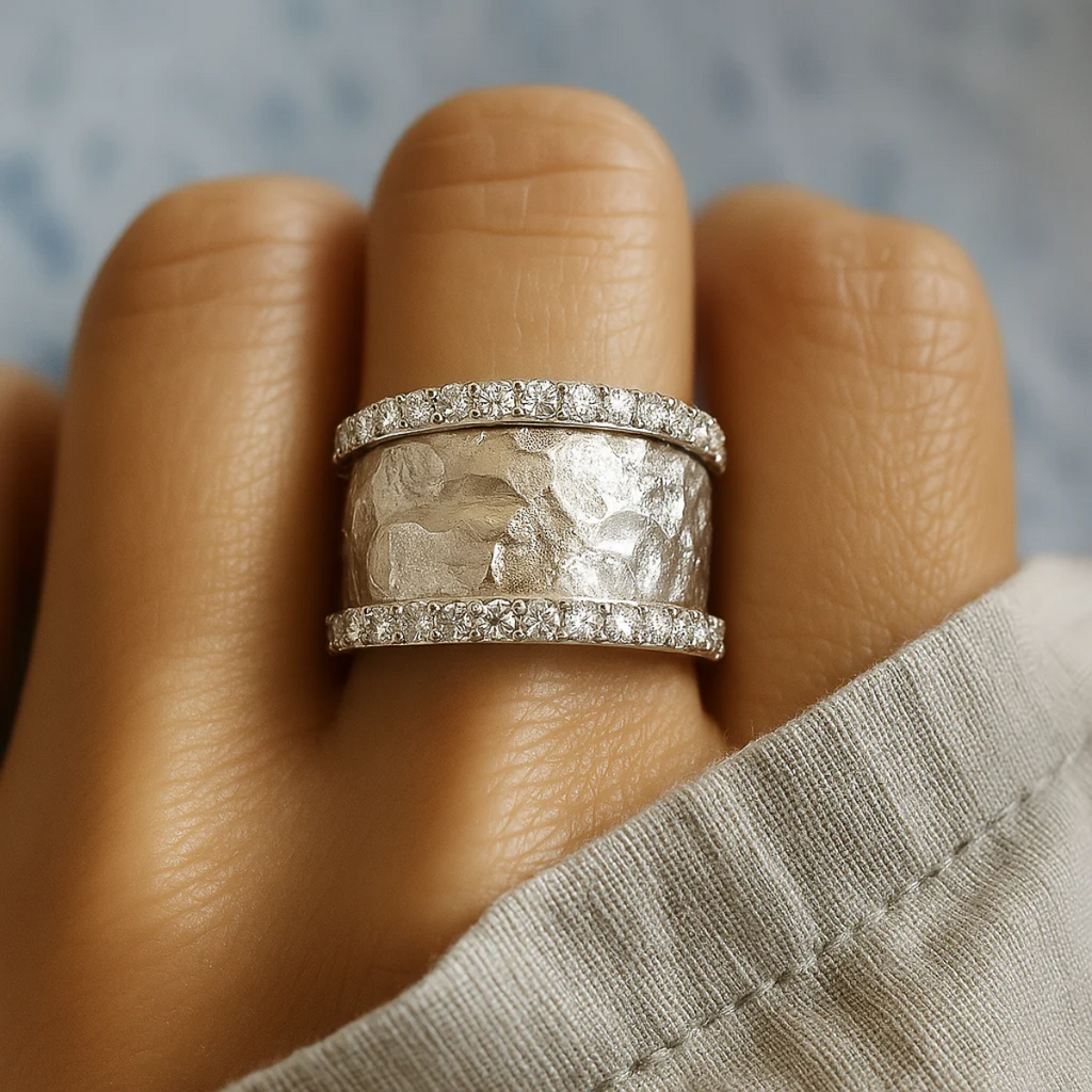 Wide Hammered Silver-Tone Band with Zirconia Edges