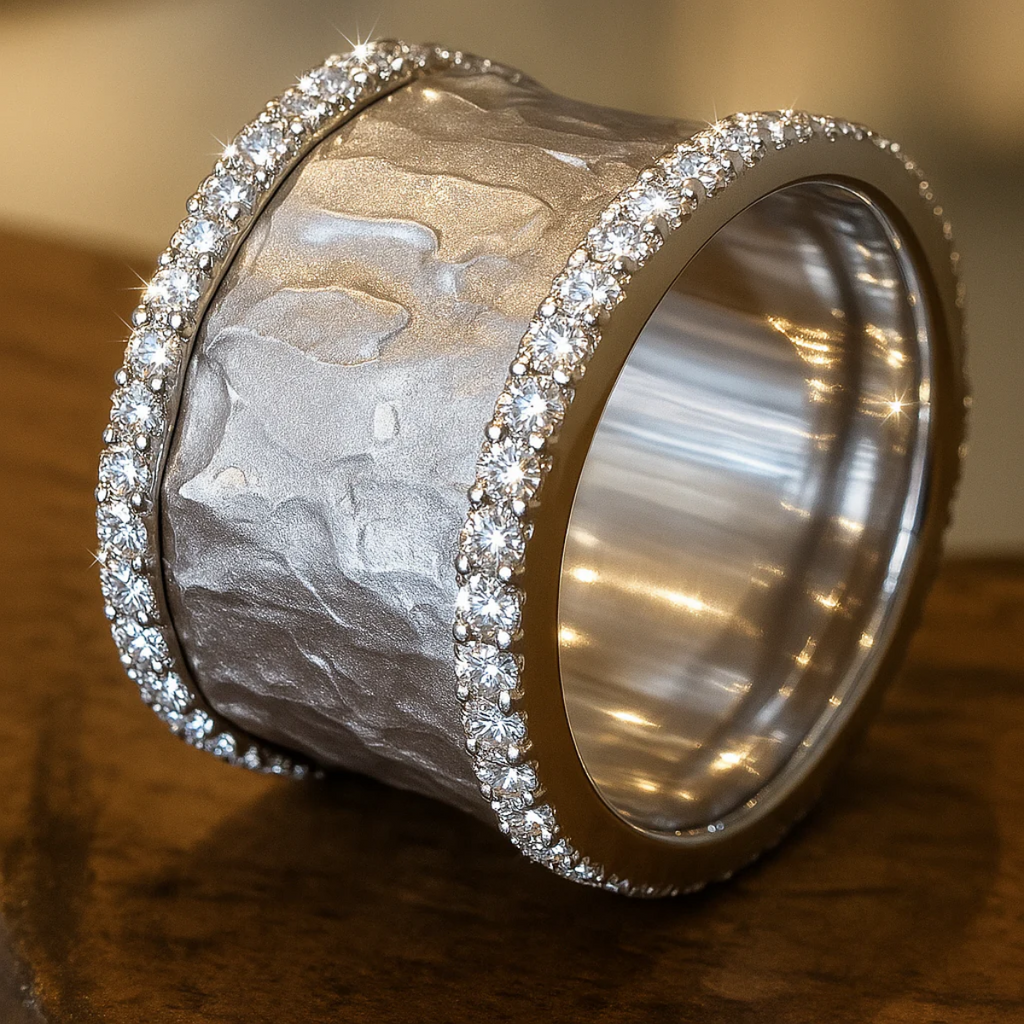 Wide Hammered Silver-Tone Band with Zirconia Edges