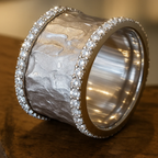 Wide Hammered Silver-Tone Band with Zirconia Edges