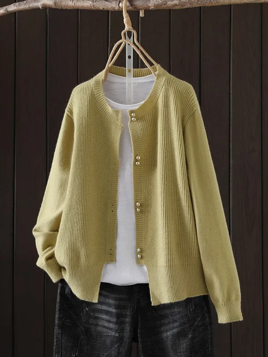 Pearl-Button Cardigan with a Classic Round Neckline