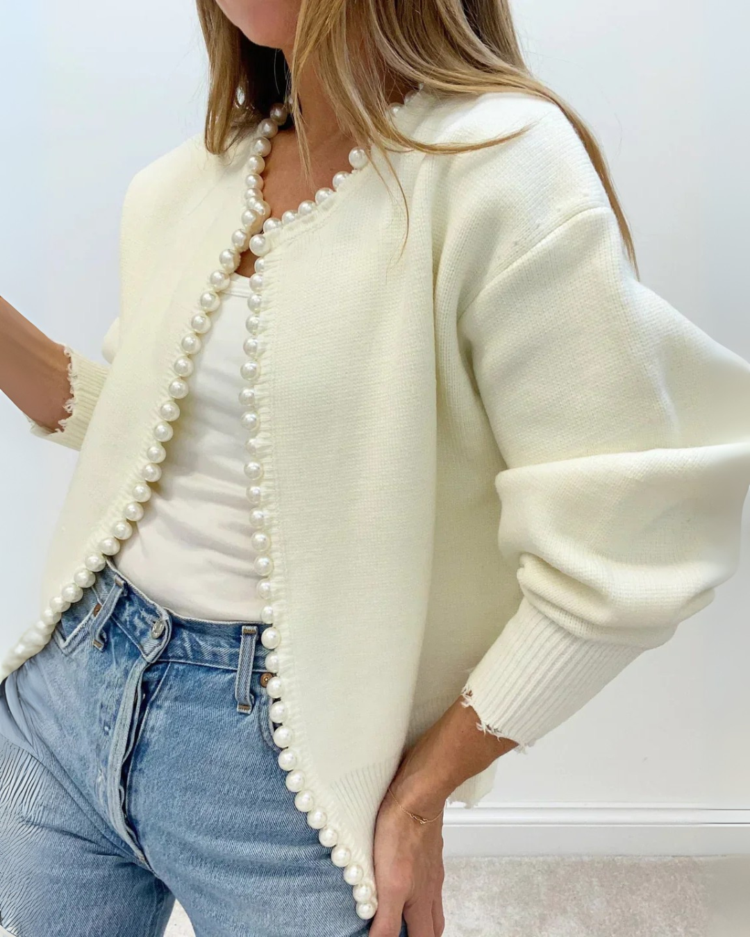 Brushed Cardigan with Pearl Detailing and Softly Draped Shape