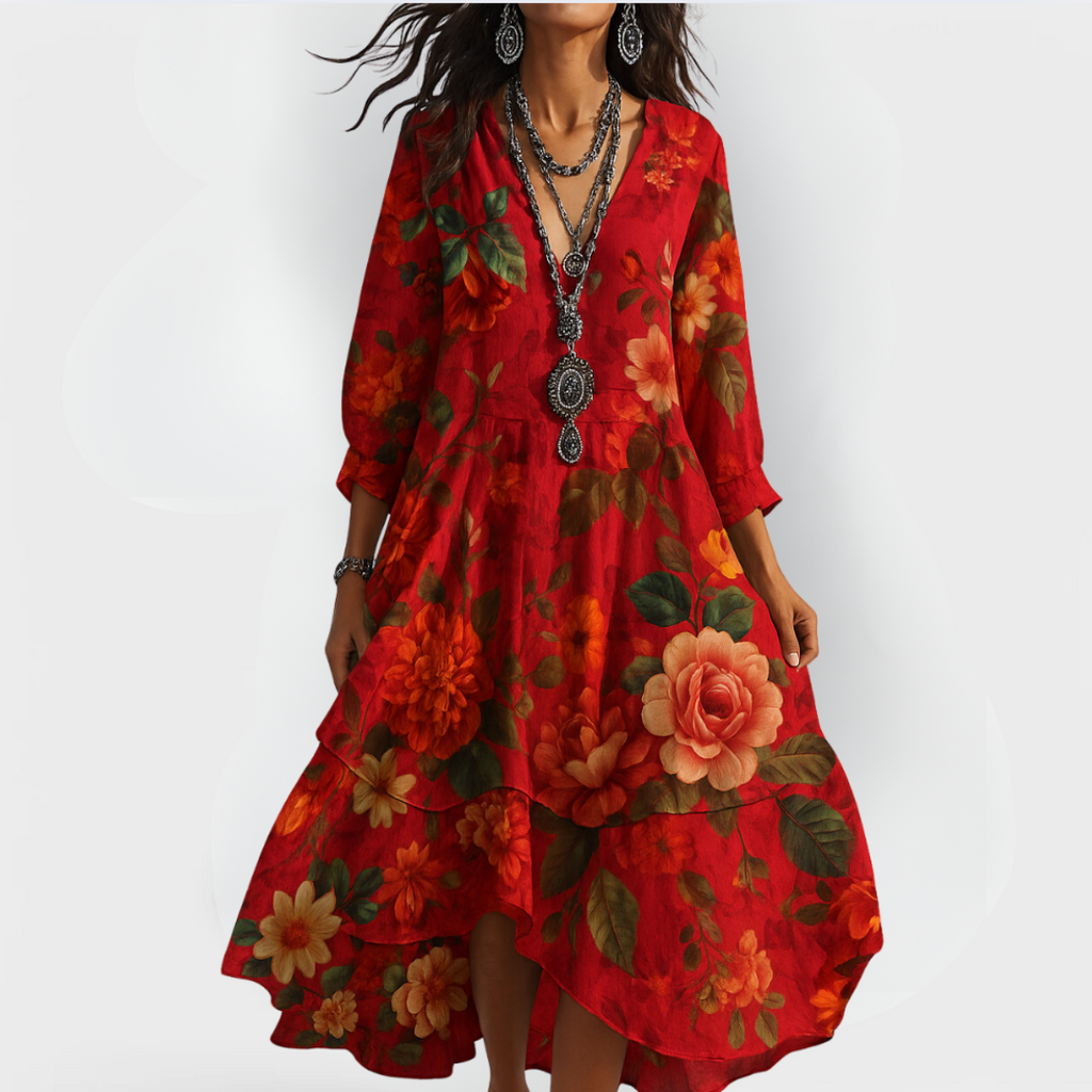 Boho zomerjurk met bloemenprint, V-hals en vloeiende snit