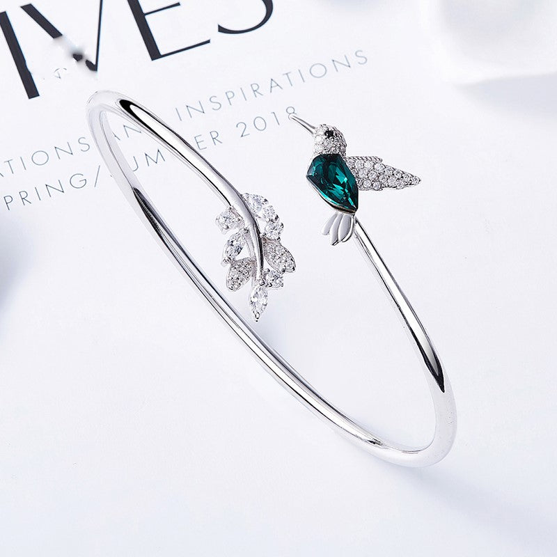 Adjustable Hummingbird and Flower Ring with Rhinestones
