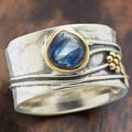 Wide Silver-Tone Ring with Blue Teardrop Stone and Beads