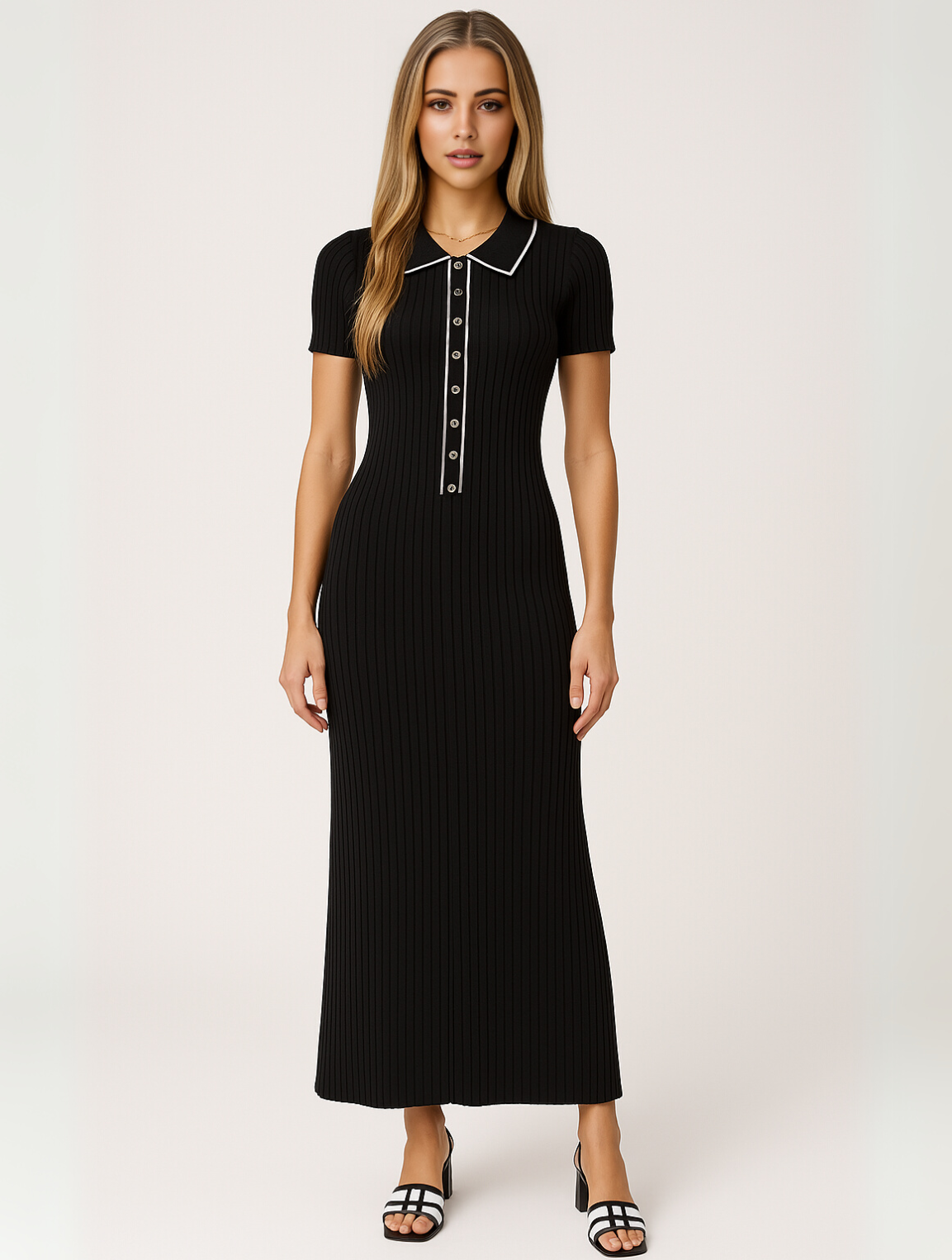 Ribbed Short Sleeve Collared Maxi Dress With Buttons