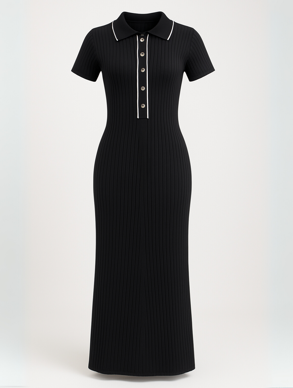 Ribbed Short Sleeve Collared Maxi Dress With Buttons