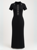 Ribbed Short Sleeve Collared Maxi Dress With Buttons
