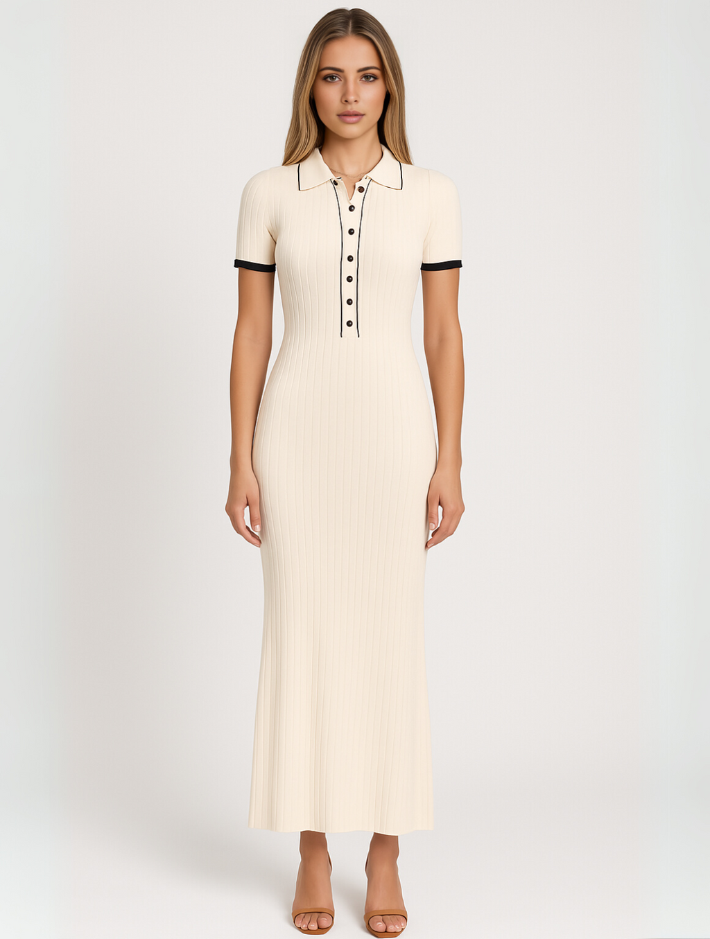 Ribbed Short Sleeve Collared Maxi Dress With Buttons