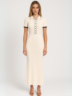 Ribbed Short Sleeve Collared Maxi Dress With Buttons