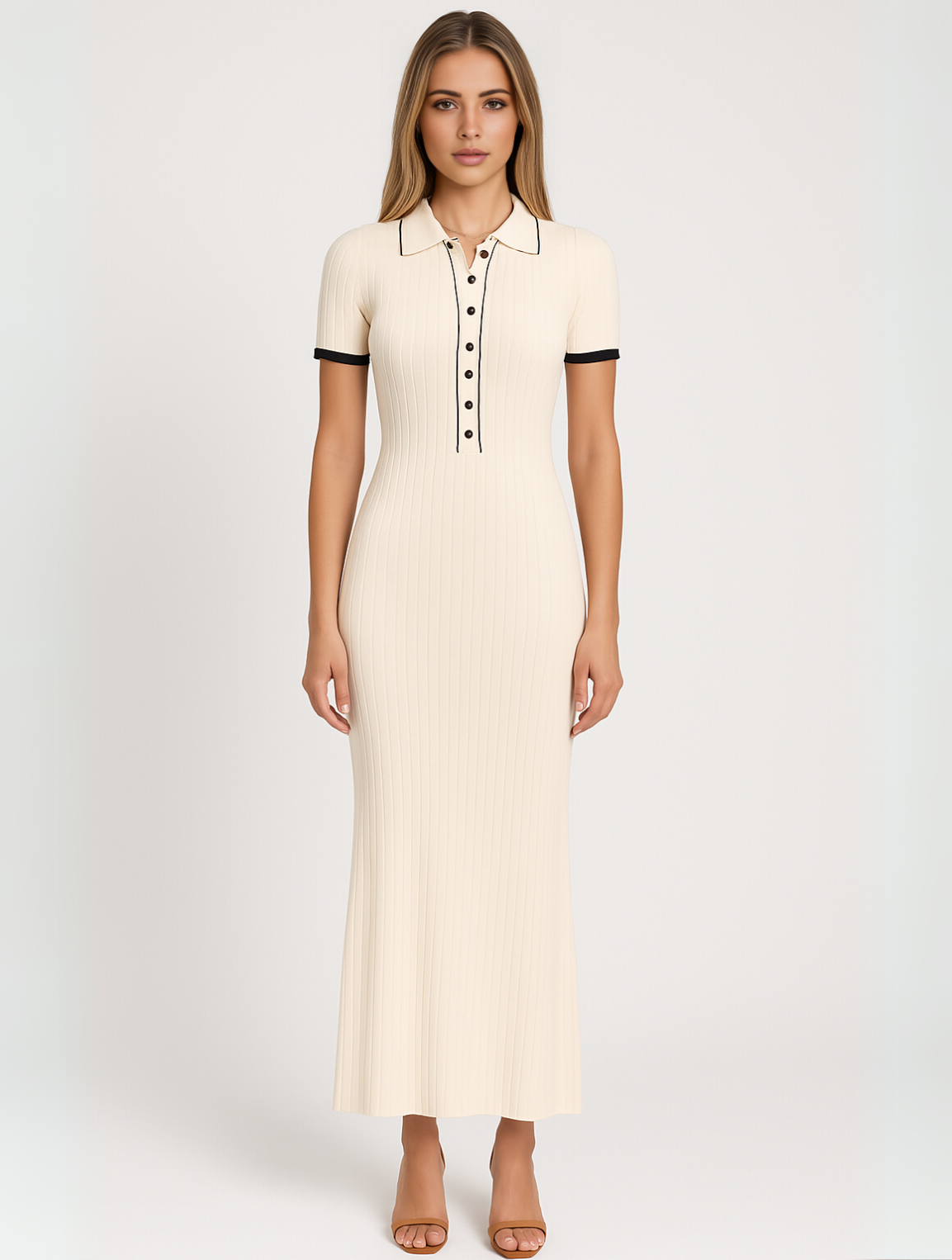 Ribbed Short Sleeve Collared Maxi Dress With Buttons