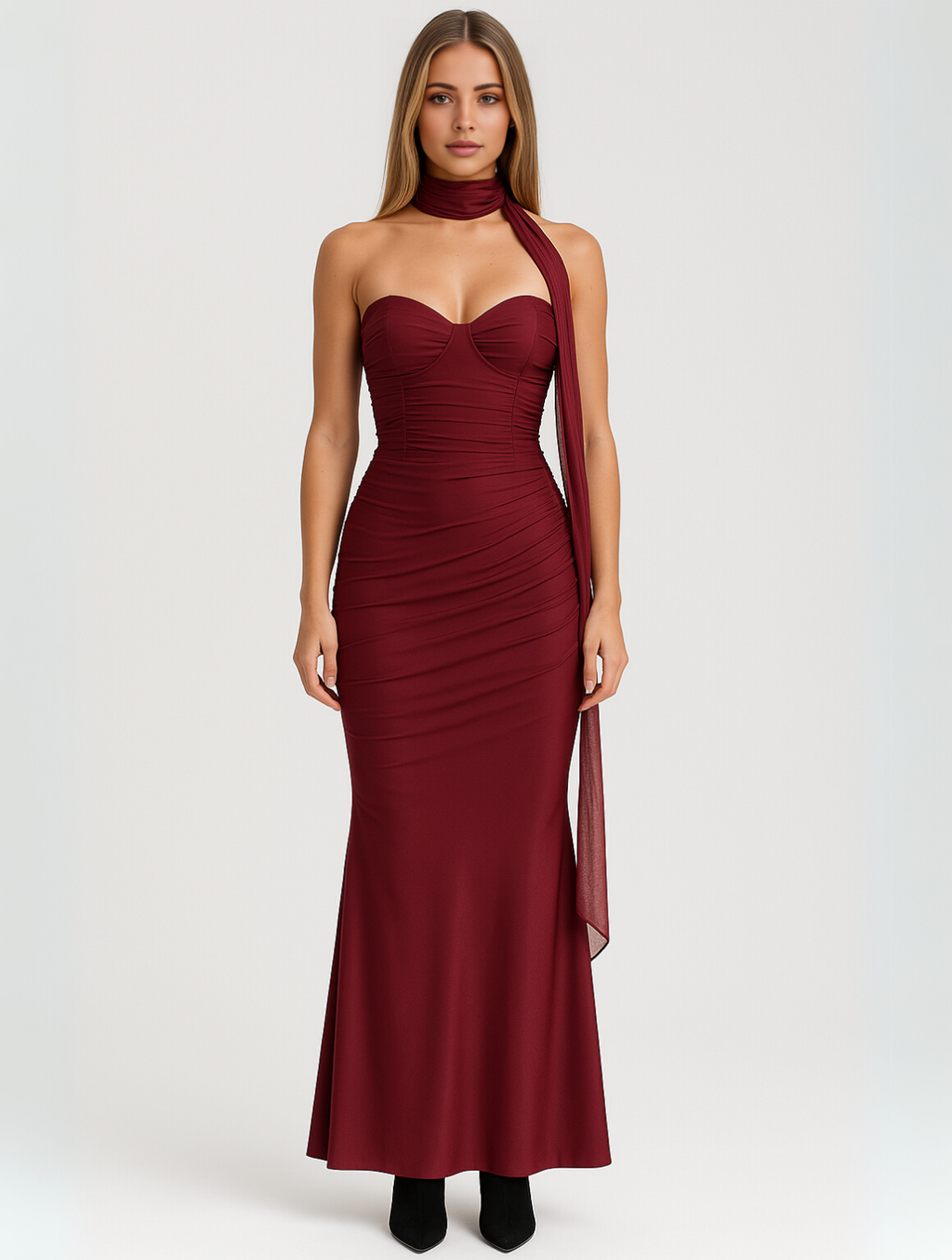 Strapless Choker Neck Fitted Column Maxi Dress