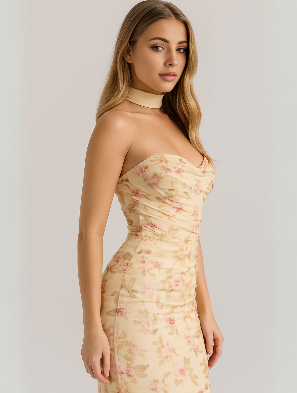 Strapless Choker Neck Fitted Column Maxi Dress