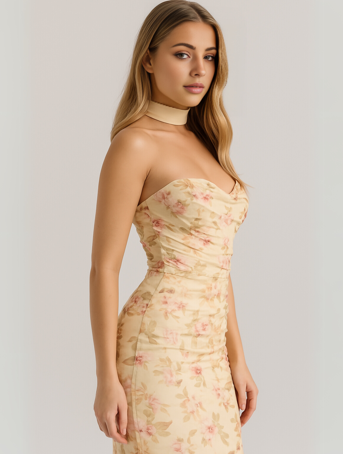 Strapless Choker Neck Fitted Column Maxi Dress