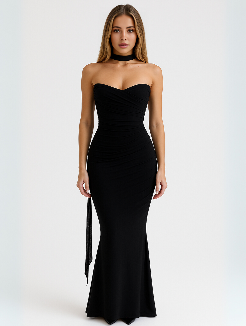 Strapless Choker Neck Fitted Column Maxi Dress