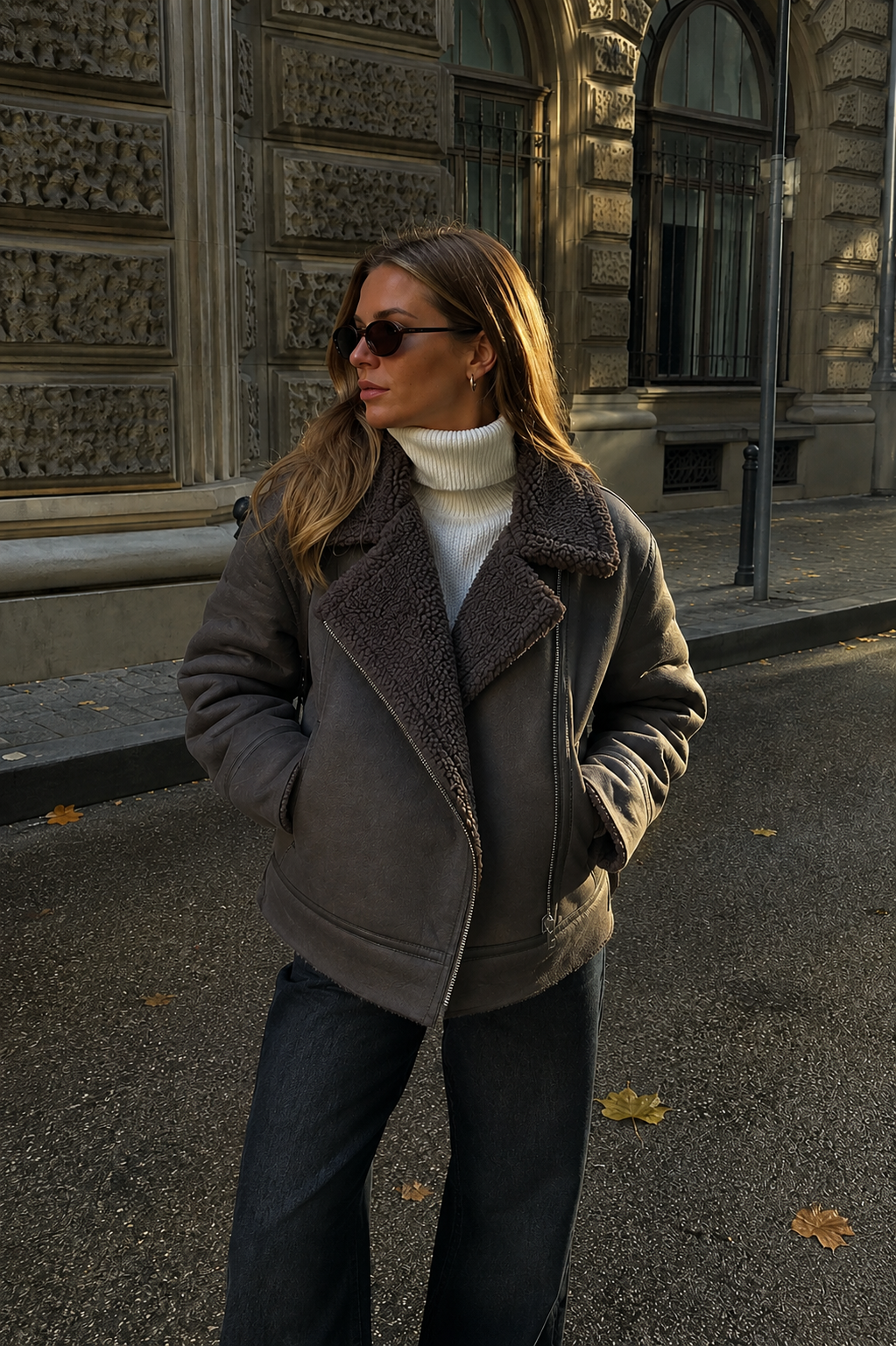 Manteau court en simili cuir à col en fausse fourrure et ceinture
