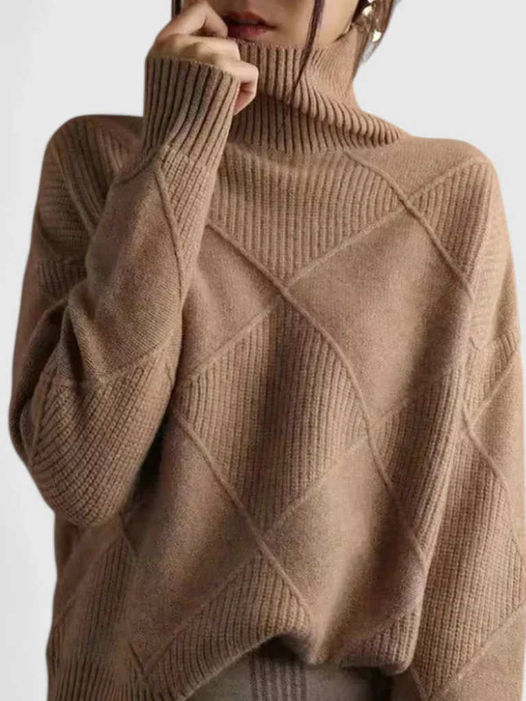 High-Collar Jumper in Soft Textured Knit with a Relaxed Fit