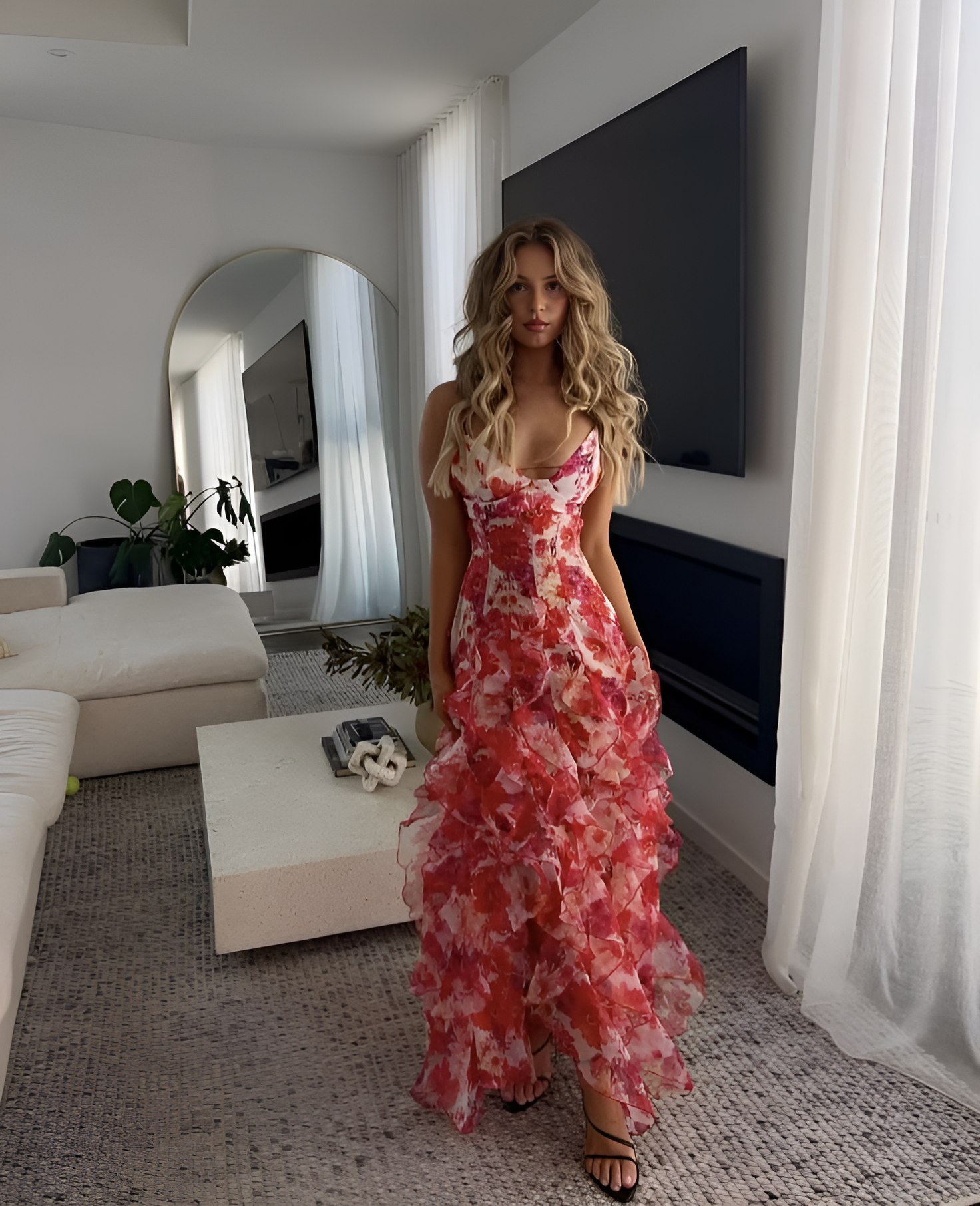 Floral Ruffle Skirt Sleeveless Strappy Maxi Dress