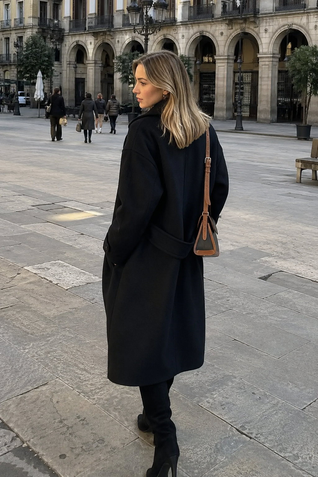 Manteau long croisé à col rabattu et finition unie
