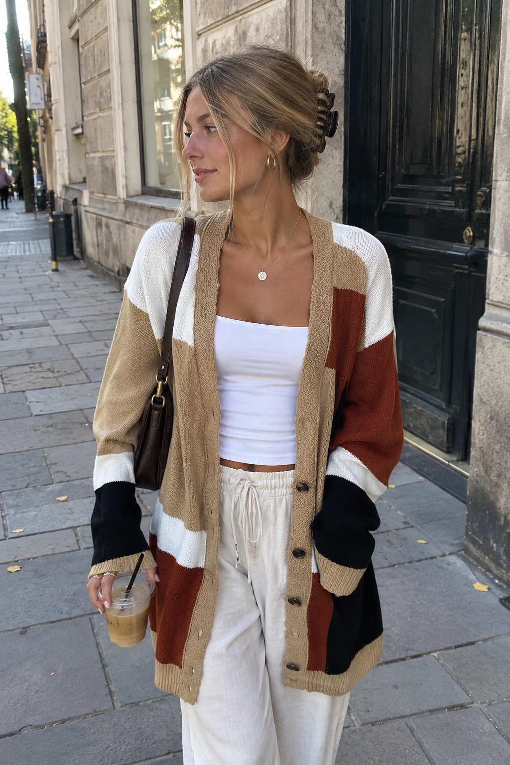 Lightweight Patchwork Cardigan with Open Front and Drape