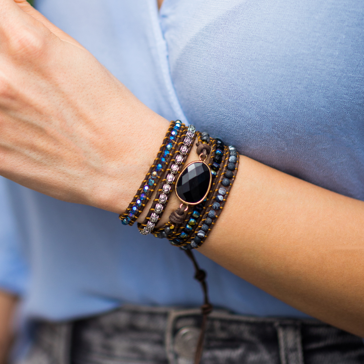 Black Onyx-Look Multi-Strand Wrap Bracelet