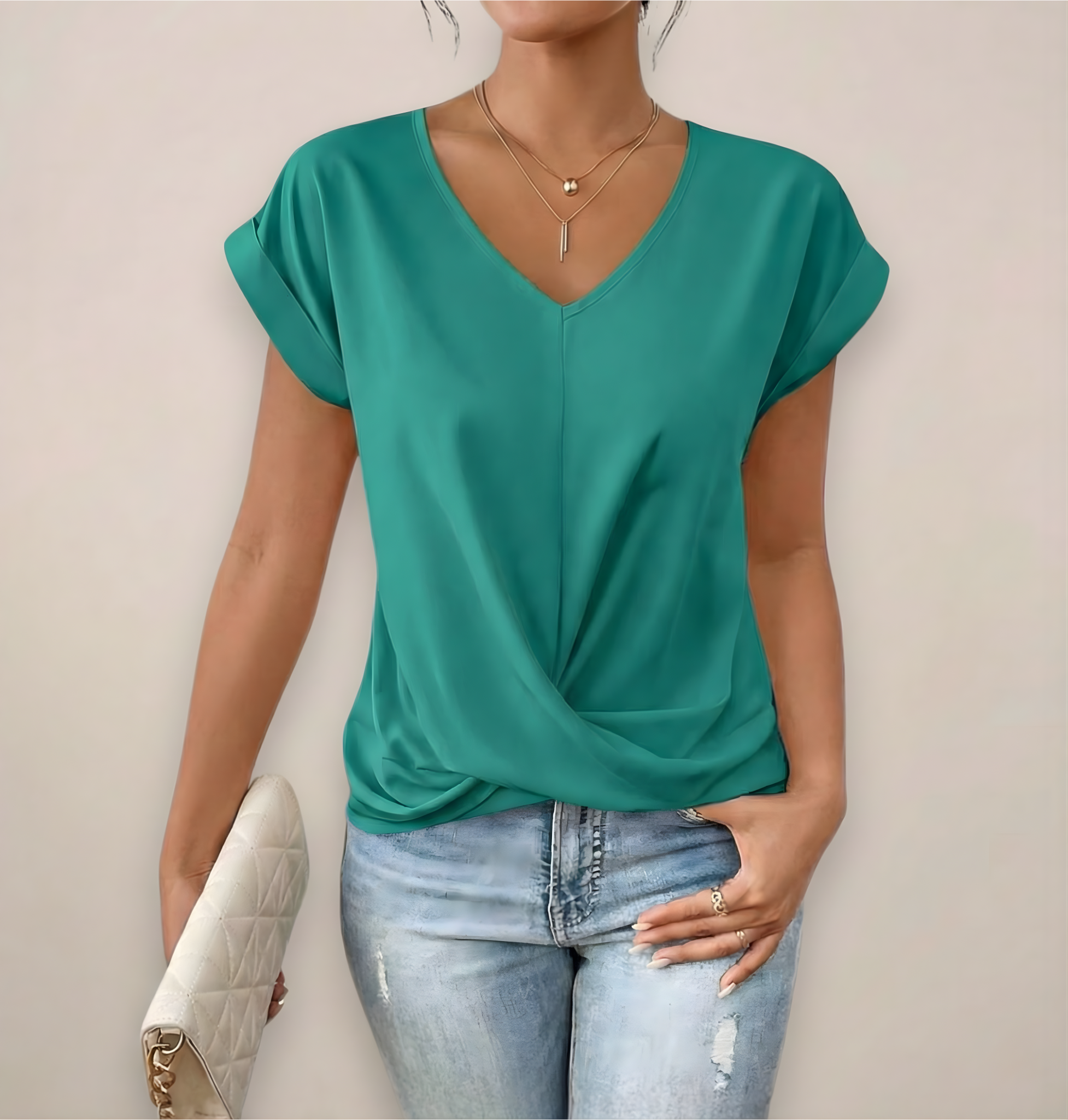 Short Sleeve V-Neck Top with Twist Wrap Detail