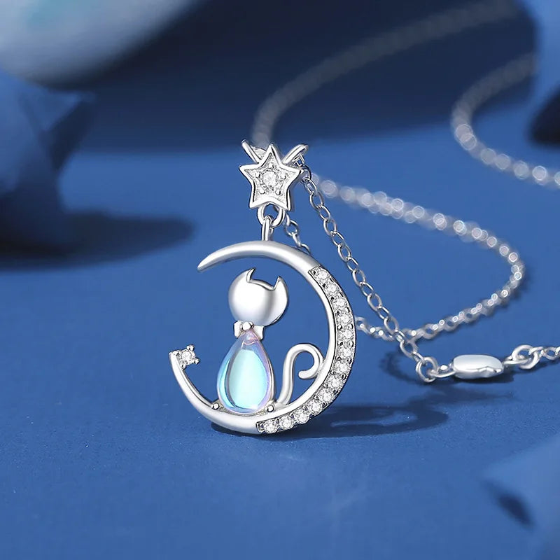 Sterling zilveren ketting met kat en maan