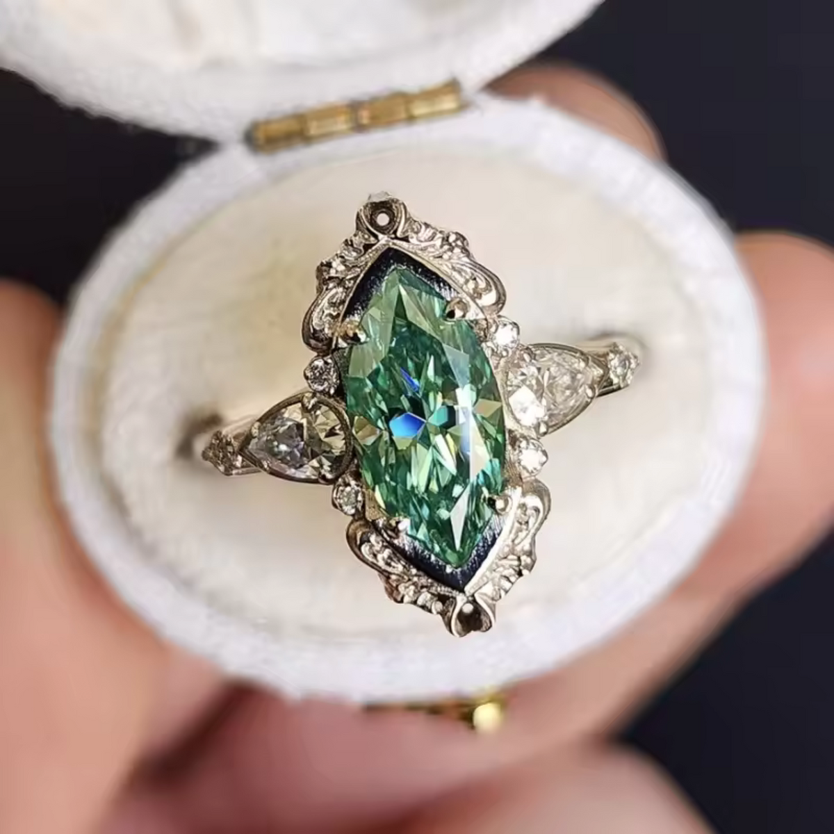 Marquise Green Crystal Ring with Vintage Halo