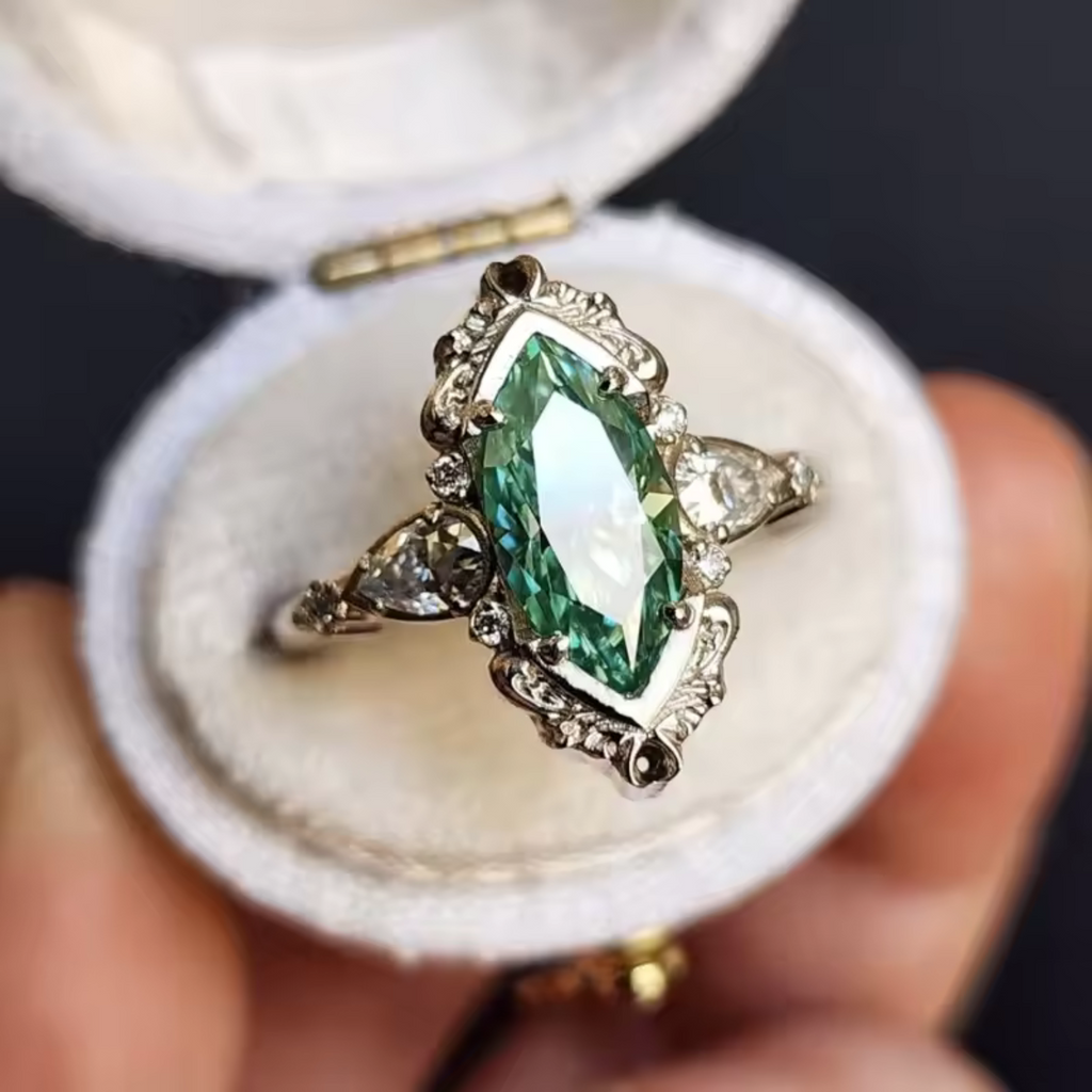 Marquise Green Crystal Ring with Vintage Halo